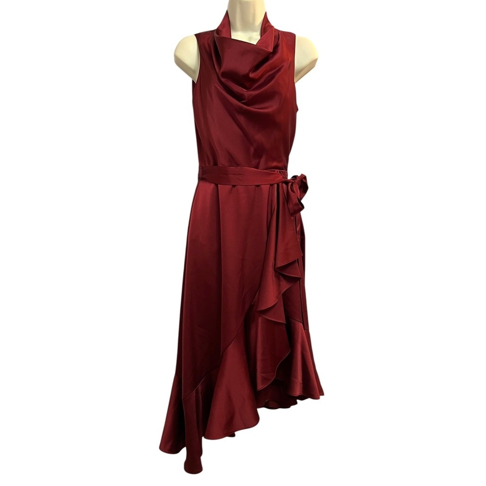 Alex Marie Cocktail Dress Womens 4 Burgundy Satin Ruffle Cowl Neck Asymmetrical